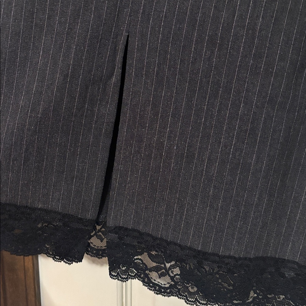 Gray Pinstripe Skirt with black Lace Trim